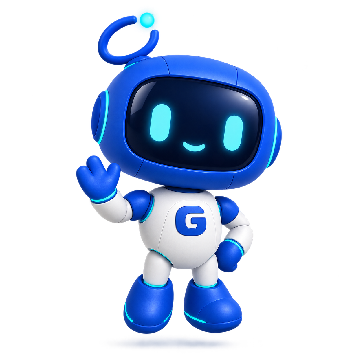 Gio, G-TEC Mahe’s blue and white robot mascot, waving hello